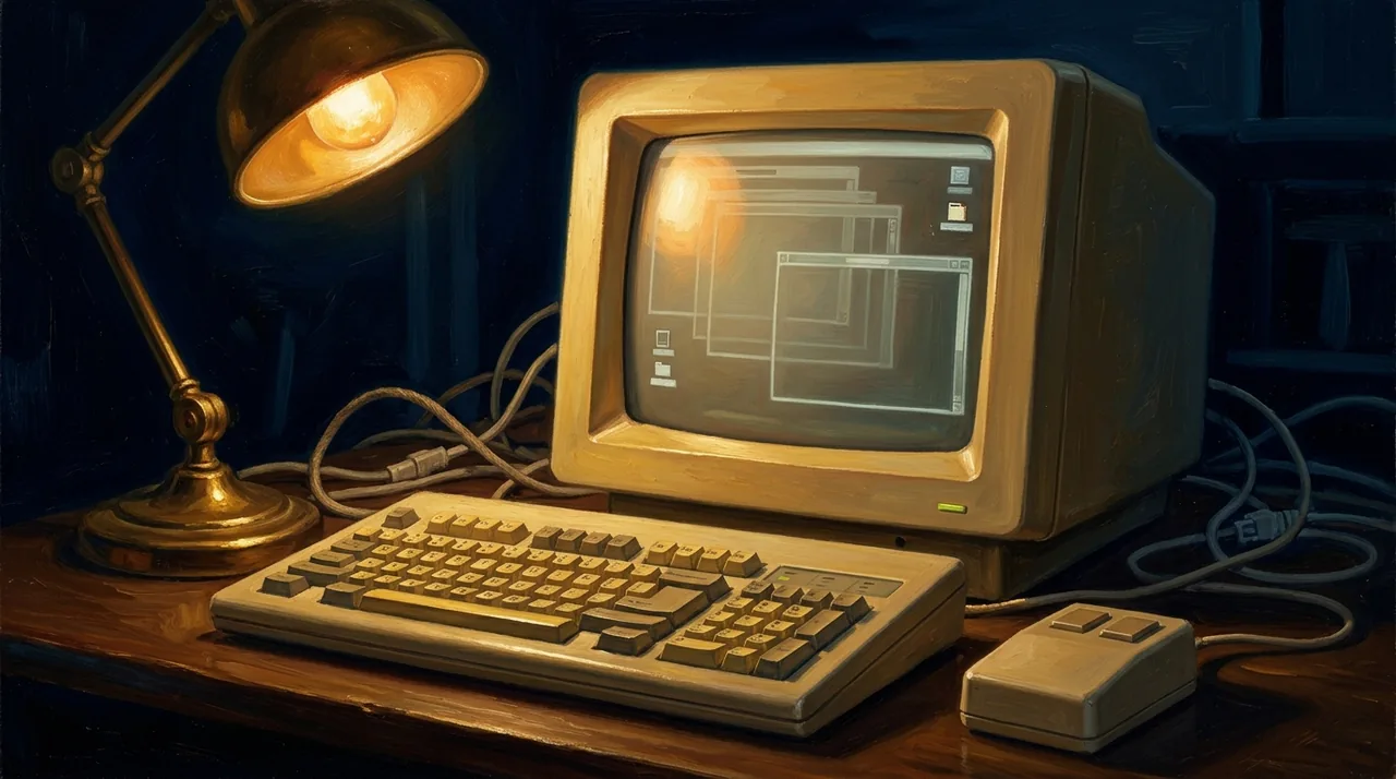 Dipinto di un computer beige con tastiera, monitor con finestre sovrapposte e un mouse a due pulsanti, sotto una lampada da tavolo