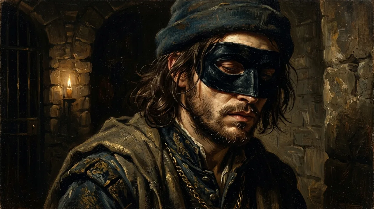 Dipinto di un uomo con barba e berretto blu, con una maschera nera sugli occhi, in una cella di pietra illuminata da una candela