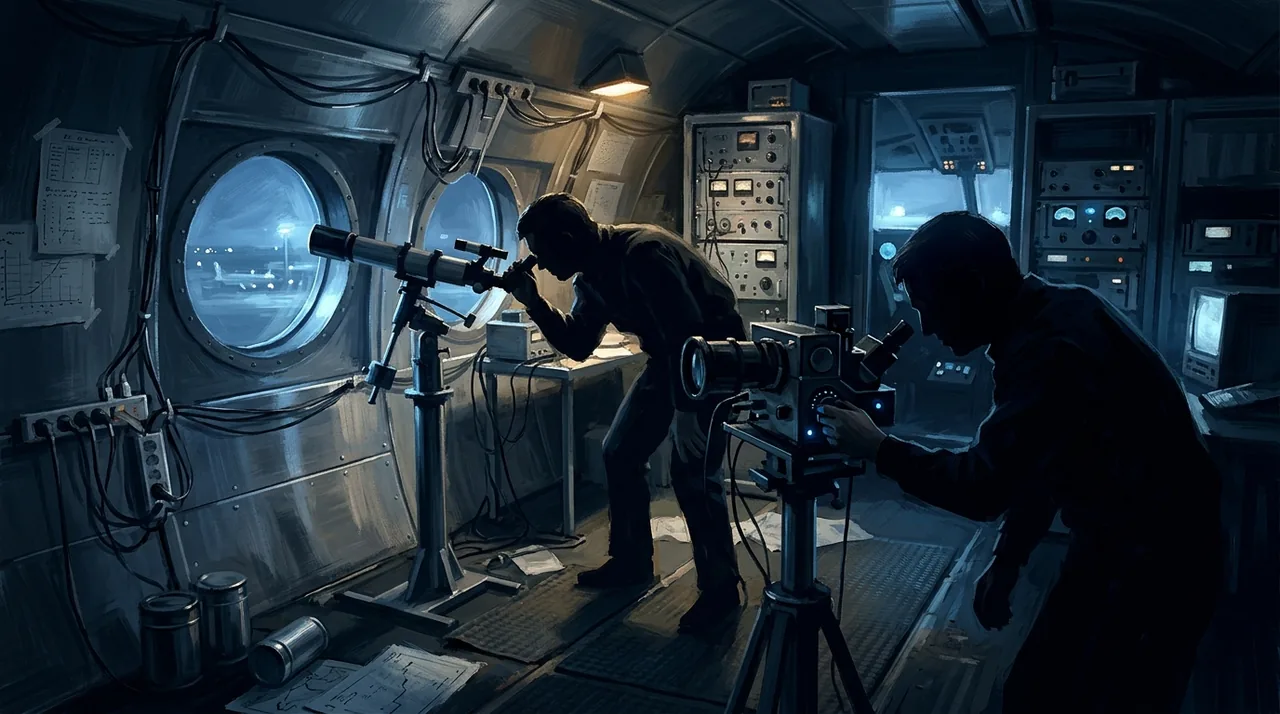 Dipinto di due scienziati in una cabina con telescopi, una cinepresa e rack di strumenti accanto agli oblò