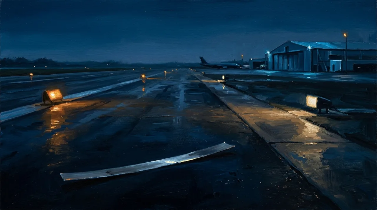 Dipinto di una striscia metallica lunga sul bagnato di una pista di notte, con un hangar sullo sfondo