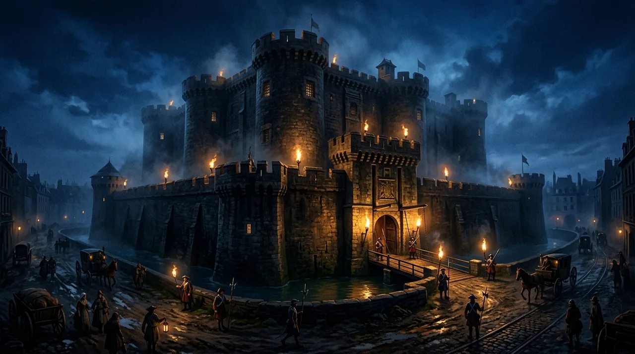 Dipinto di una fortezza con torri e fossato di notte, illuminata da torce, con guardie e carrozze sulla strada