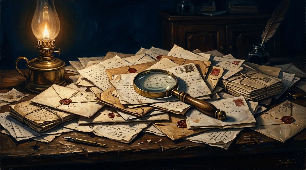 Dipinto di una grande pila di lettere con sigilli di ceralacca e una lente d’ingrandimento accanto a una lampada a olio