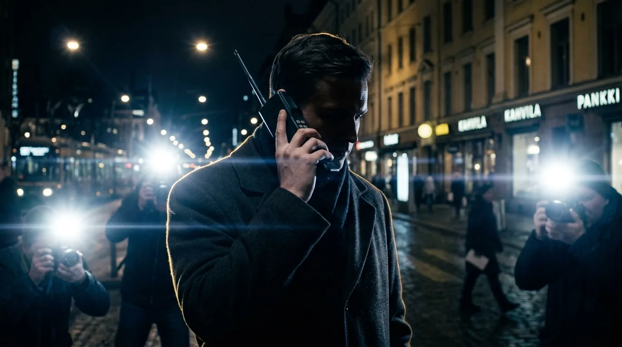Dipinto-fotografia di un uomo in cappotto con un grosso telefono portatile all’orecchio, circondato da fotografi di notte per strada