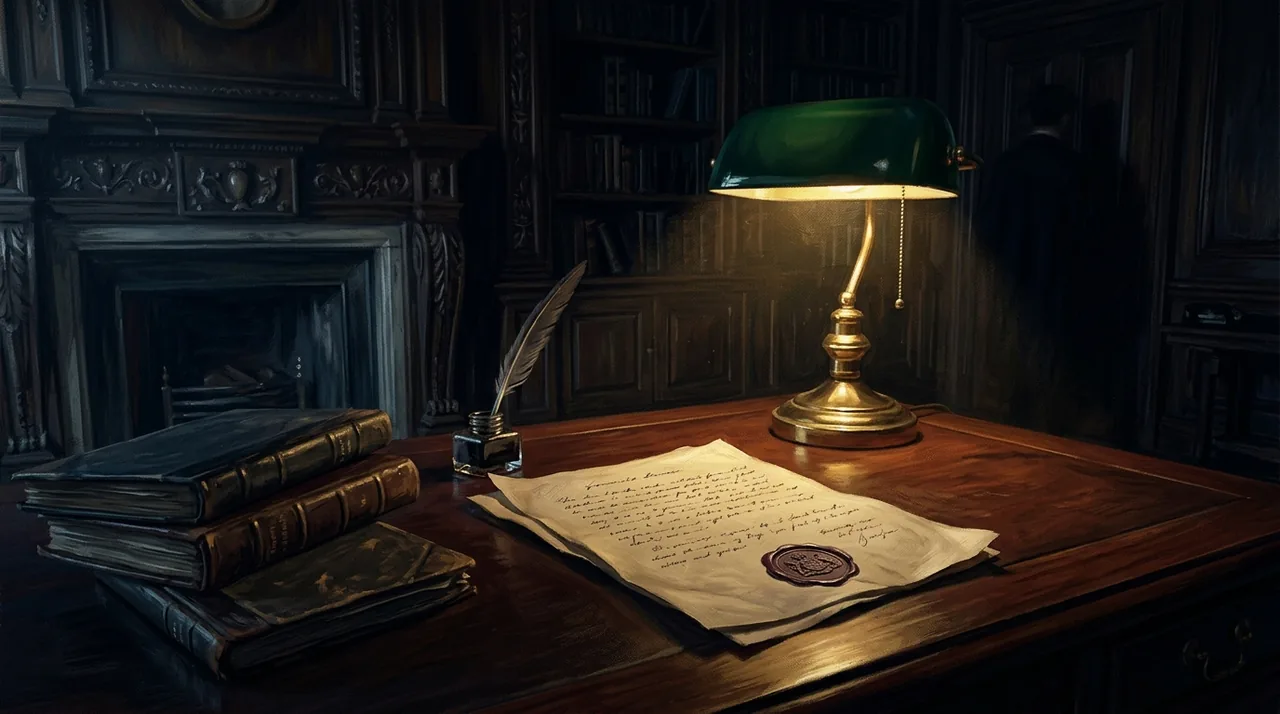 Dipinto di una scrivania di legno con un foglio manoscritto sigillato, libri, un calamaio e una lampada da banchiere verde