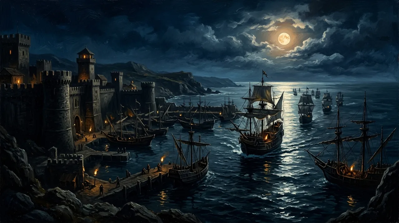Dipinto di molte navi a vela che lasciano di notte un porto fortificato sotto la luna