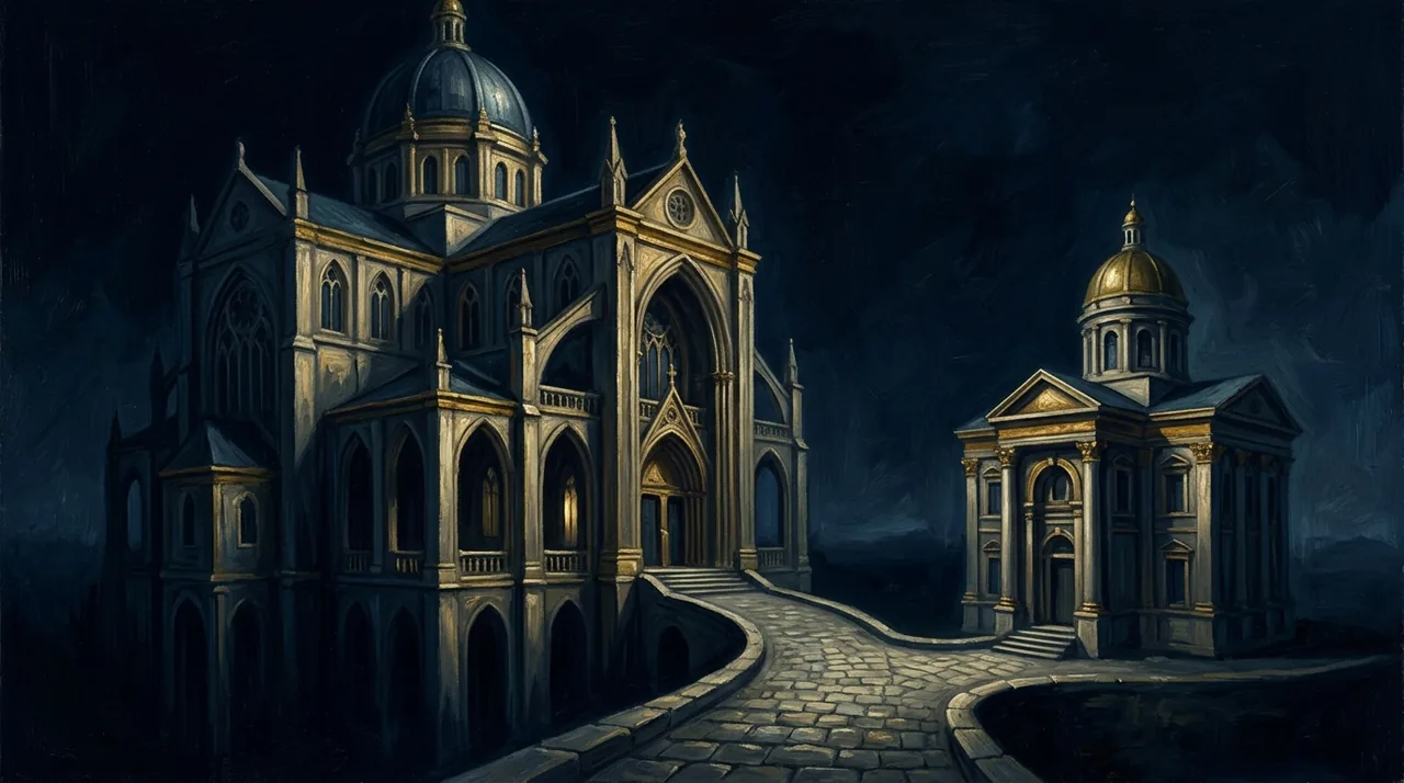 Dipinto di notte di un grande edificio con cupola e guglie accanto a un edificio più piccolo con cupola dorata