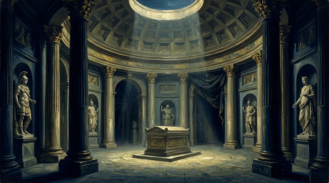 Dipinto di una sala circolare con colonne, statue in nicchie e un sarcofago al centro sotto un’apertura nella cupola