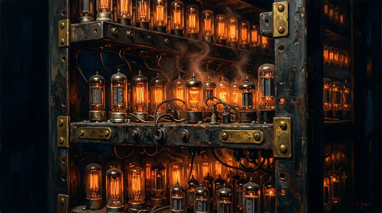 Dipinto di scaffali metallici pieni di valvole termoioniche accese, con tracce di fumo