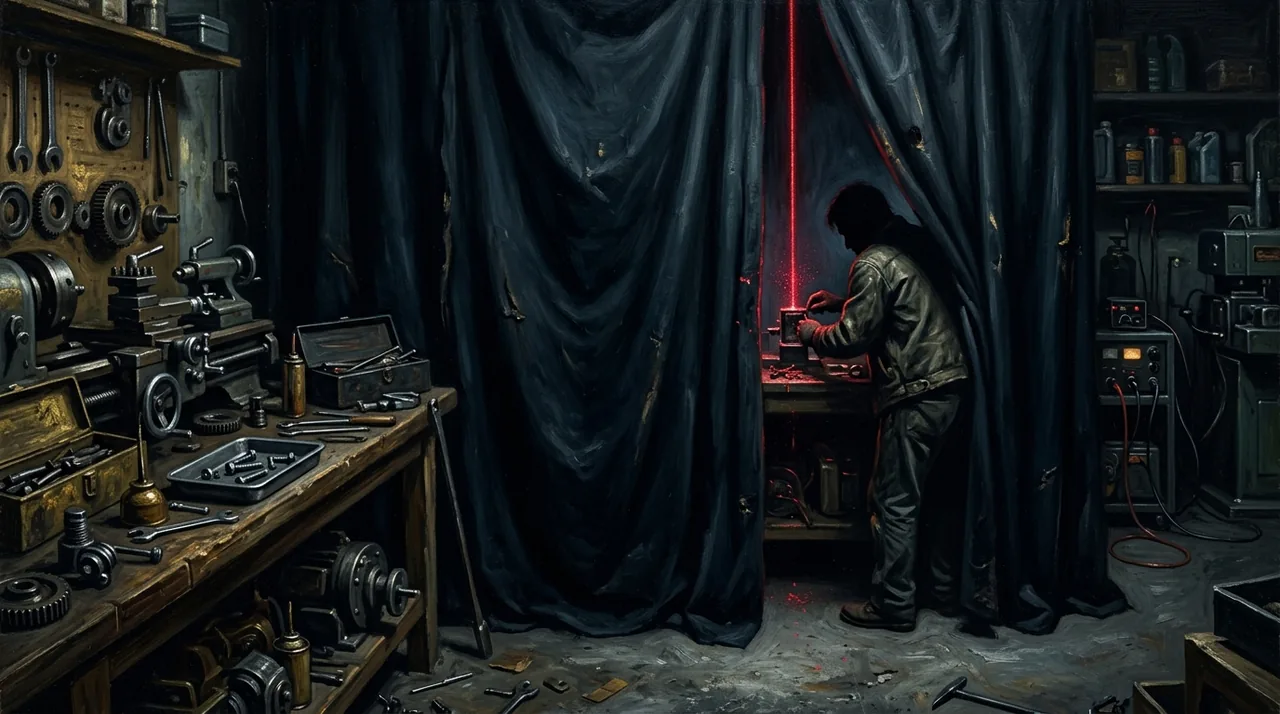 Dipinto di un uomo che lavora a un banco dietro una tenda nera, attraversato da un raggio di luce rossa, in un’officina