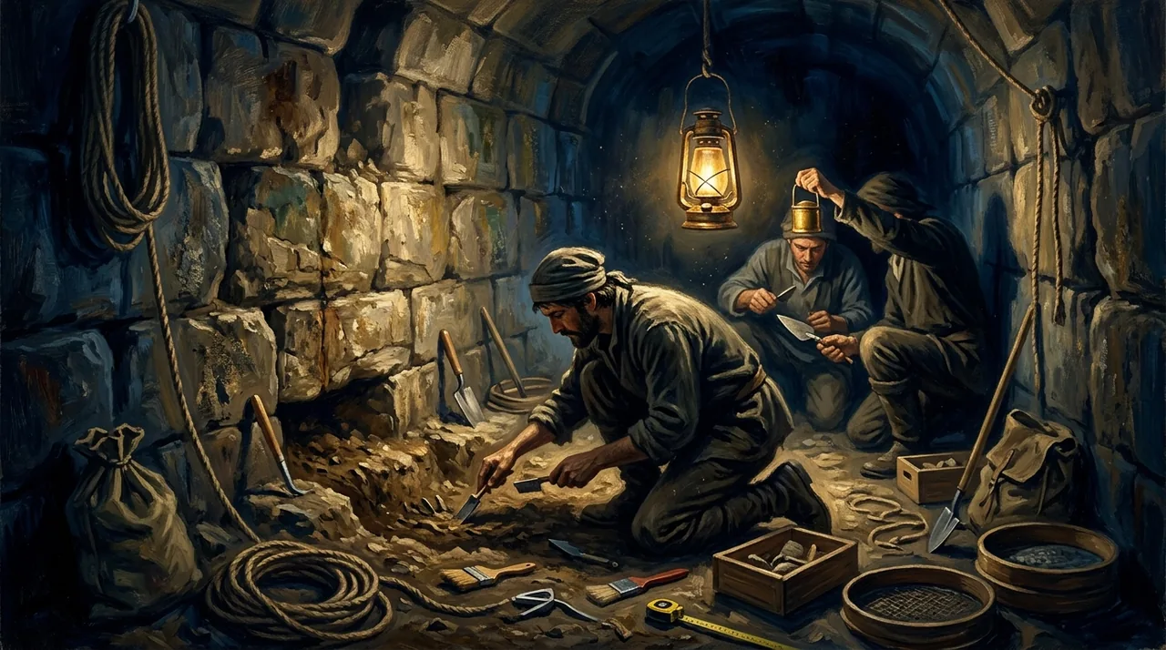 Dipinto di tre scavatori con pennelli e cazzuole in un tunnel di pietra illuminato da una lanterna