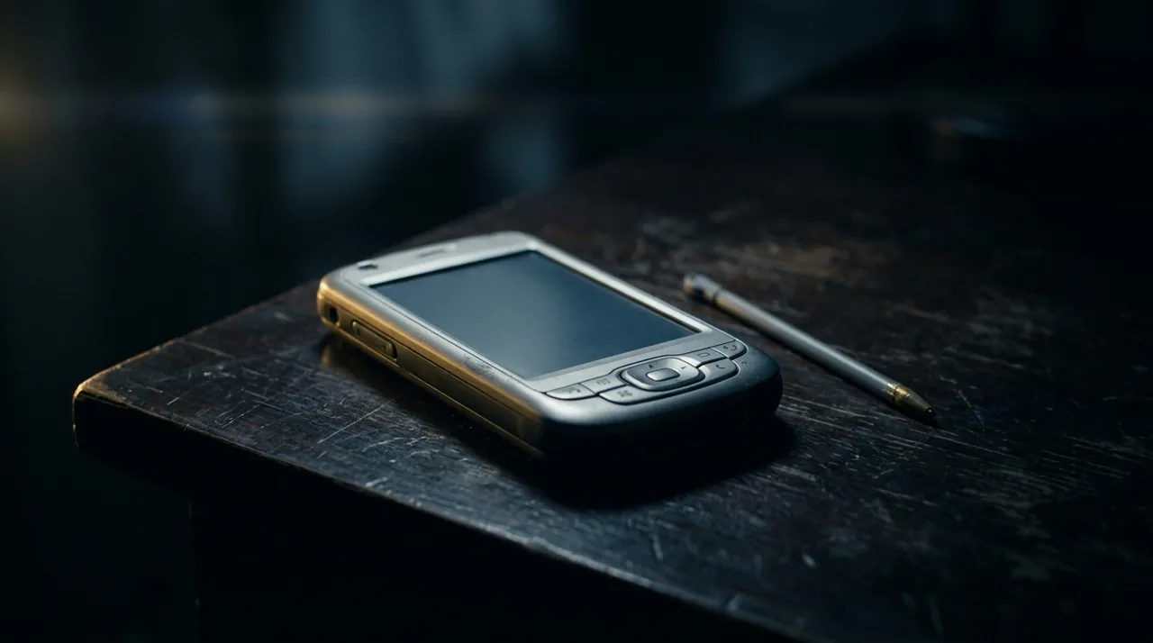 Dipinto-fotografia di un telefono argentato con schermo scuro, tasti di navigazione e un pennino su un tavolo scuro
