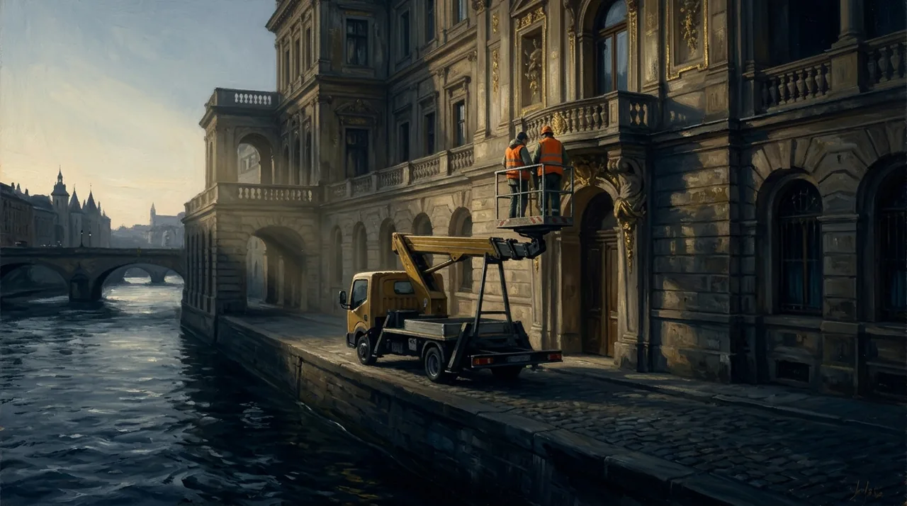 Dipinto di due uomini con giubbotti arancioni su una piattaforma elevatrice davanti a un balcone di un palazzo sul fiume