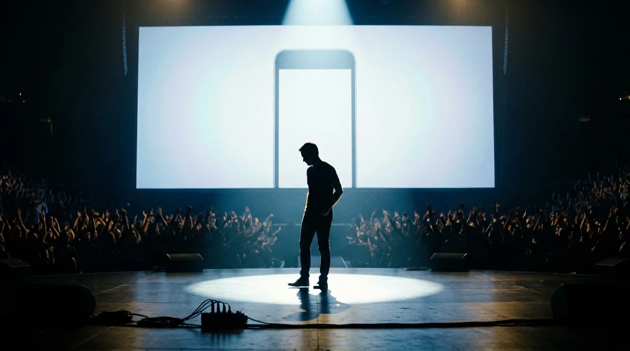 Dipinto-fotografia della sagoma di una persona su un palco illuminato davanti a un grande schermo con il disegno di uno smartphone