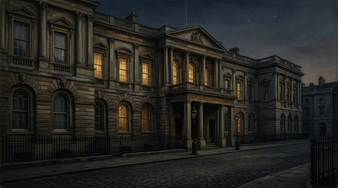Dipinto di un palazzo neoclassico di sera con alcune finestre illuminate e lampioni davanti all’ingresso