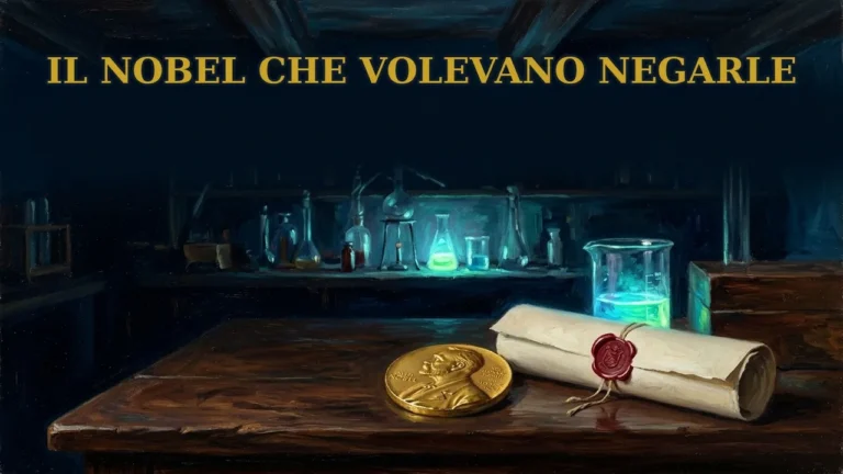 Una medaglia del Nobel e una pergamena sigillata su un tavolo di legno in un laboratorio in penombra, con il titolo «Il Nobel che volevano negarle»