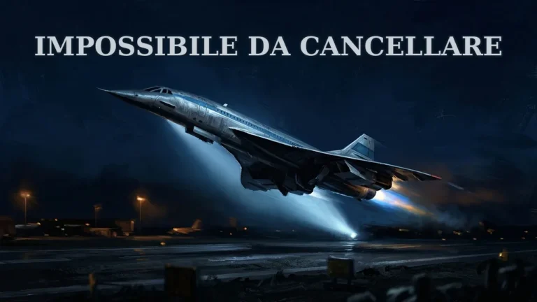Un aereo supersonico a delta con muso abbassato decolla di notte da una pista illuminata, con il titolo «Impossibile da cancellare»