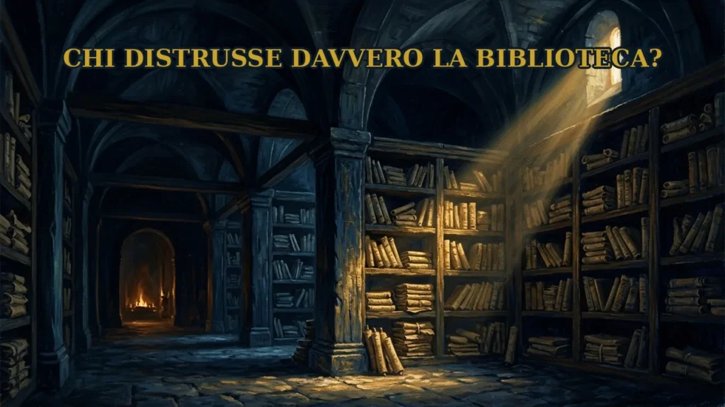 Sala di una biblioteca antica in penombra, con scaffali di rotoli di papiro illuminati da un raggio di luce e un fuoco in fondo al corridoio, con il titolo «Chi distrusse davvero la biblioteca?»
