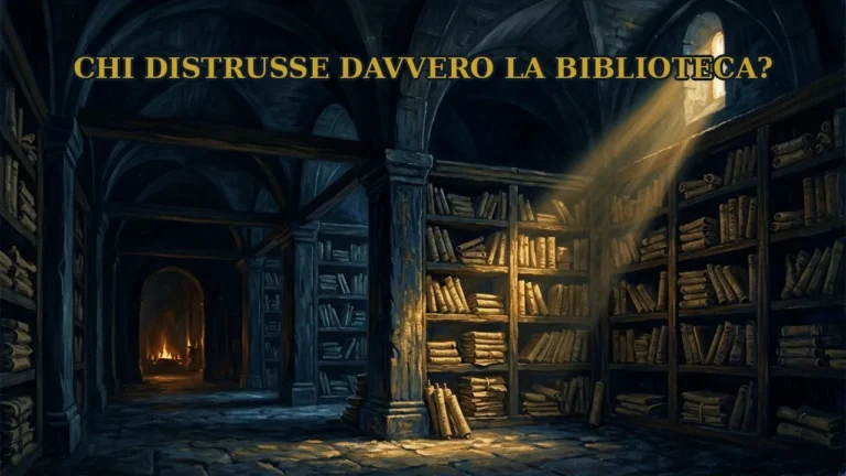Sala di una biblioteca antica in penombra, con scaffali di rotoli di papiro illuminati da un raggio di luce e un fuoco in fondo al corridoio, con il titolo «Chi distrusse davvero la biblioteca?»